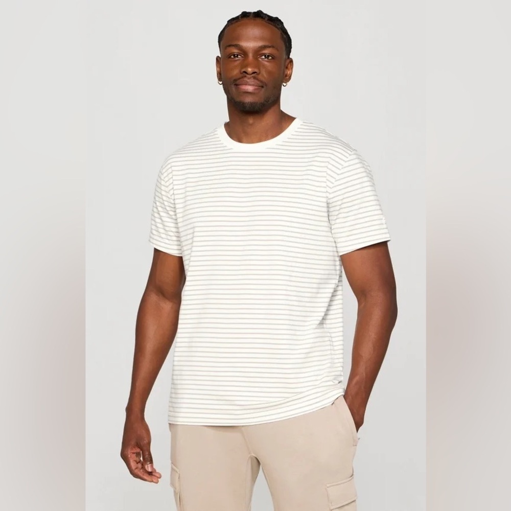 NWT Fabletics The 24-7 Tee Brutalist Khaki Shorline Stripe M S58